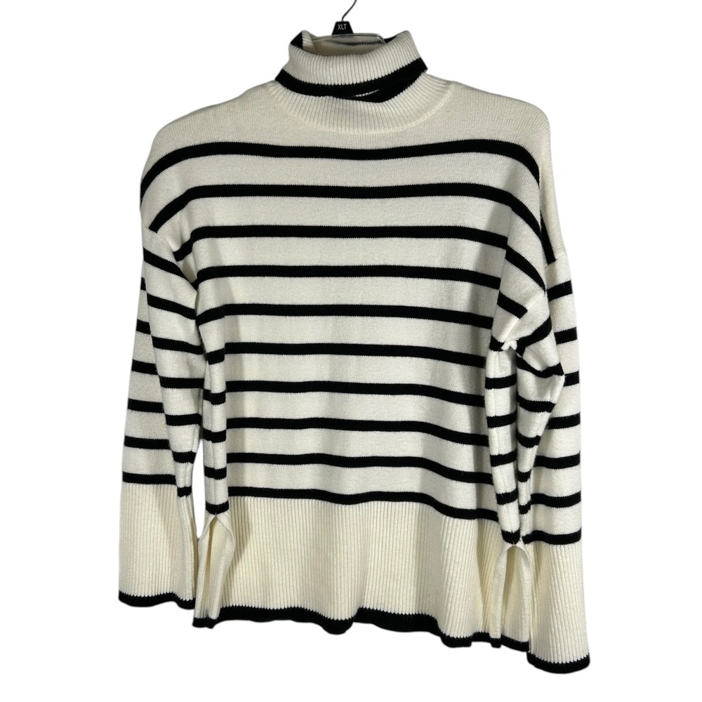 Gyrans Dance Flower Womens Striped Turtleneck Sweater Cream Black Size M